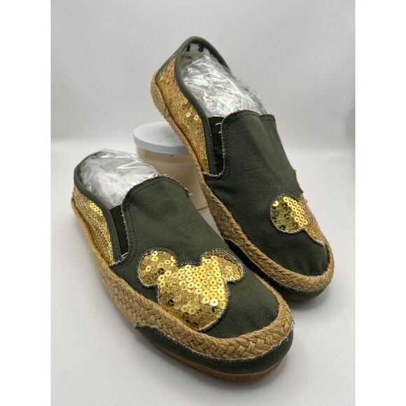 Disney Mickey Mouse Green Canvas Espadrilles Shoes – Gold Sequin – Sz 9.5 – NEW - Picture 1 of 9